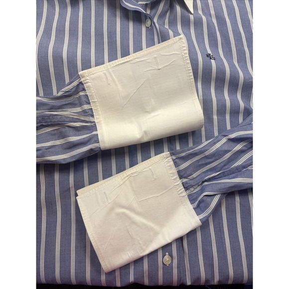 Ralph Lauren Blue White Button Down Long Sleeve Shirt Womens Extended Cuff - Picture 6 of 12